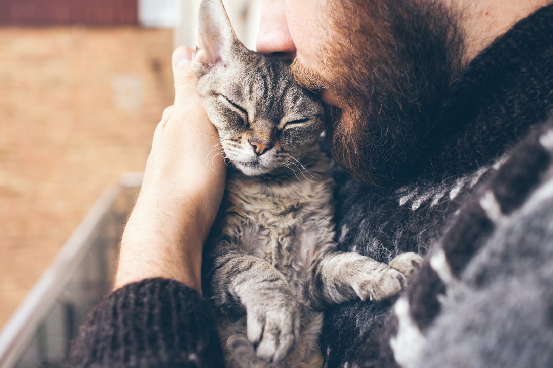 Man cuddling cat