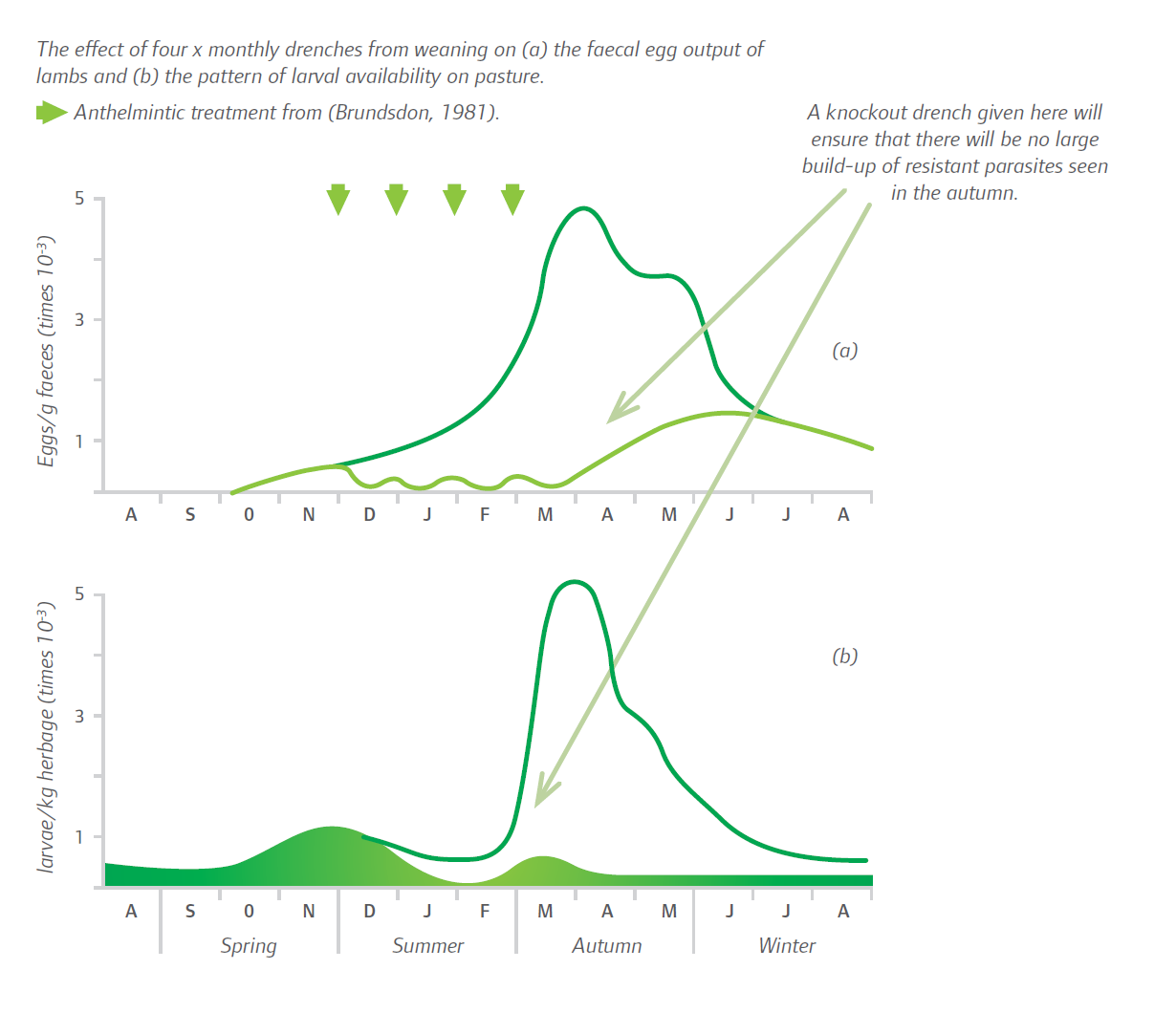 Graph showing when to use knockout drench in lambs to prevent autumnal larvae peak
