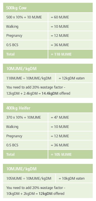 Table for the ME requirements of a cow at dry off