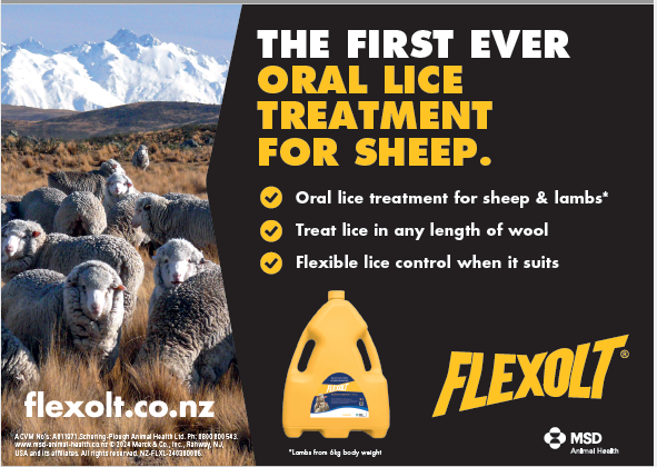 Flexolt advertisement stating first oral lice treatment for sheep