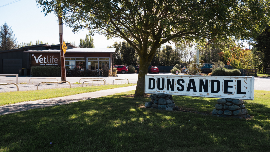 Dunsandel town sign in front of Vetlife clinic